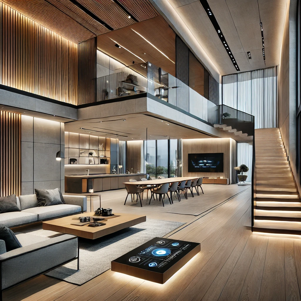 a room with a staircase and a large table