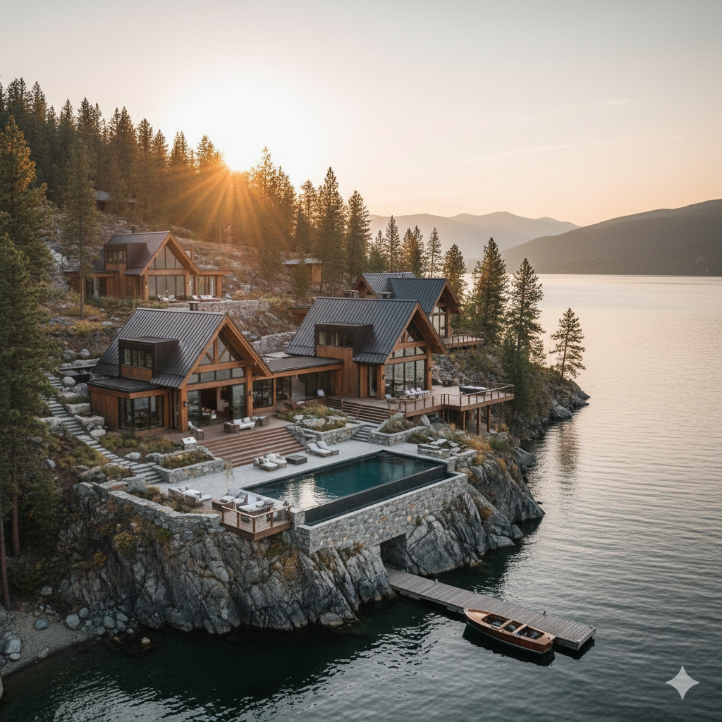 Home Builder project by EBA: Custom lakeside residence in British Columbia featuring superior exterior finishing and craftsmanship by our Reclaimed Elements division.